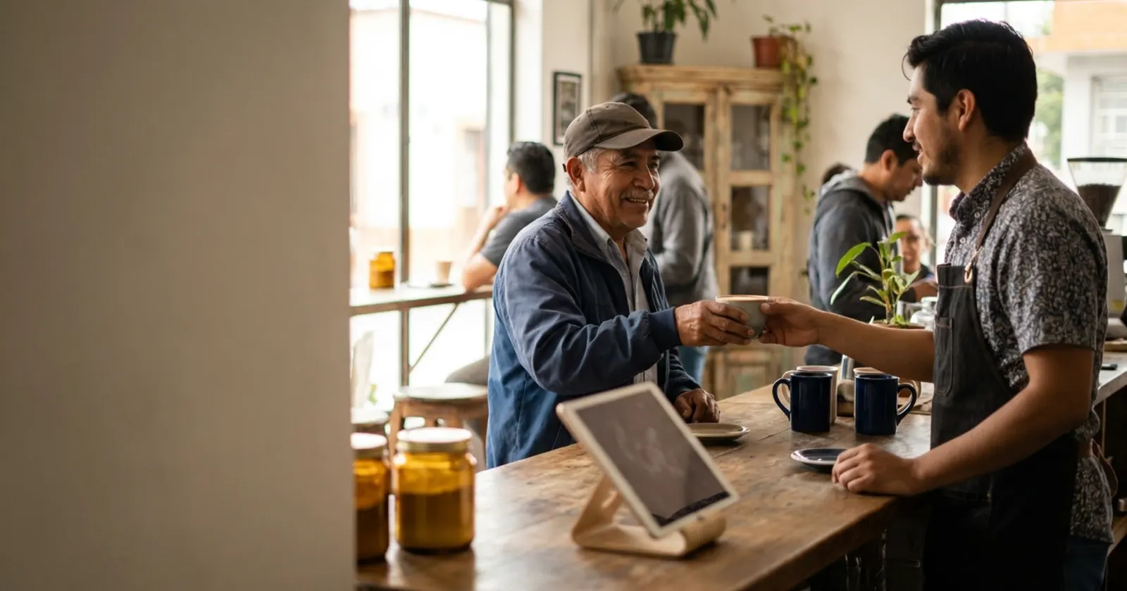 Barista entrega un café a un cliente frecuente junto a una tablet en el mostrador