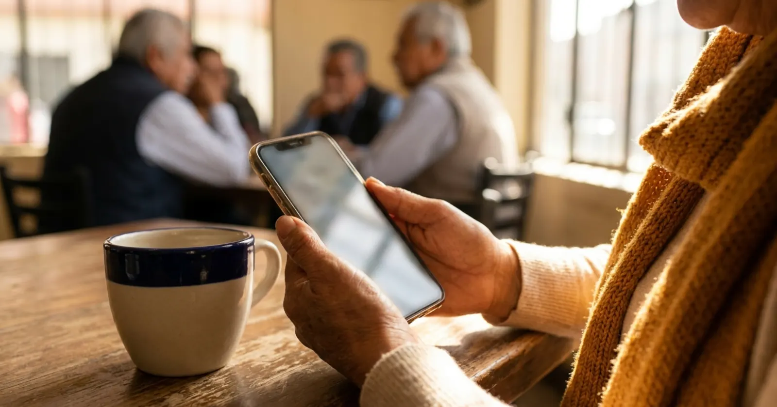 Manos de una mujer con un celular y una taza de café sobre la mesa de una cafetería